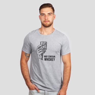 may contain holding whiskey glass gray shirt